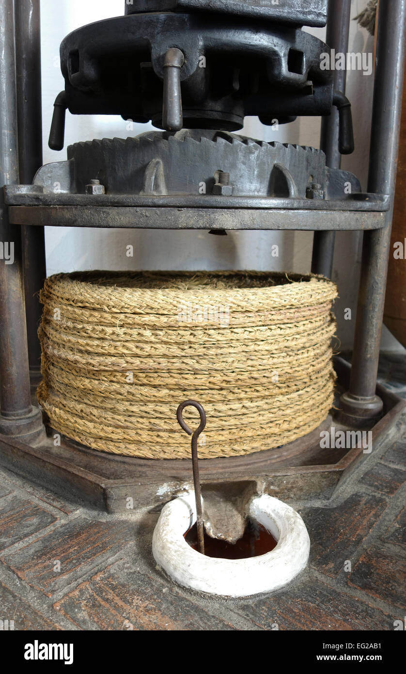 Grass Mats in an vintage Old olive press, crushes the olives between the  mats. Ethnological Museum Mijas, Andalusia, Spain Stock Photo - Alamy