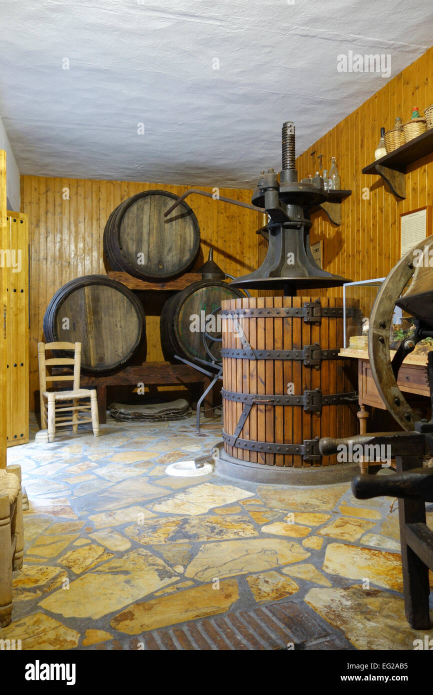The bodega, vintage wine making equipment on display at Ethnological