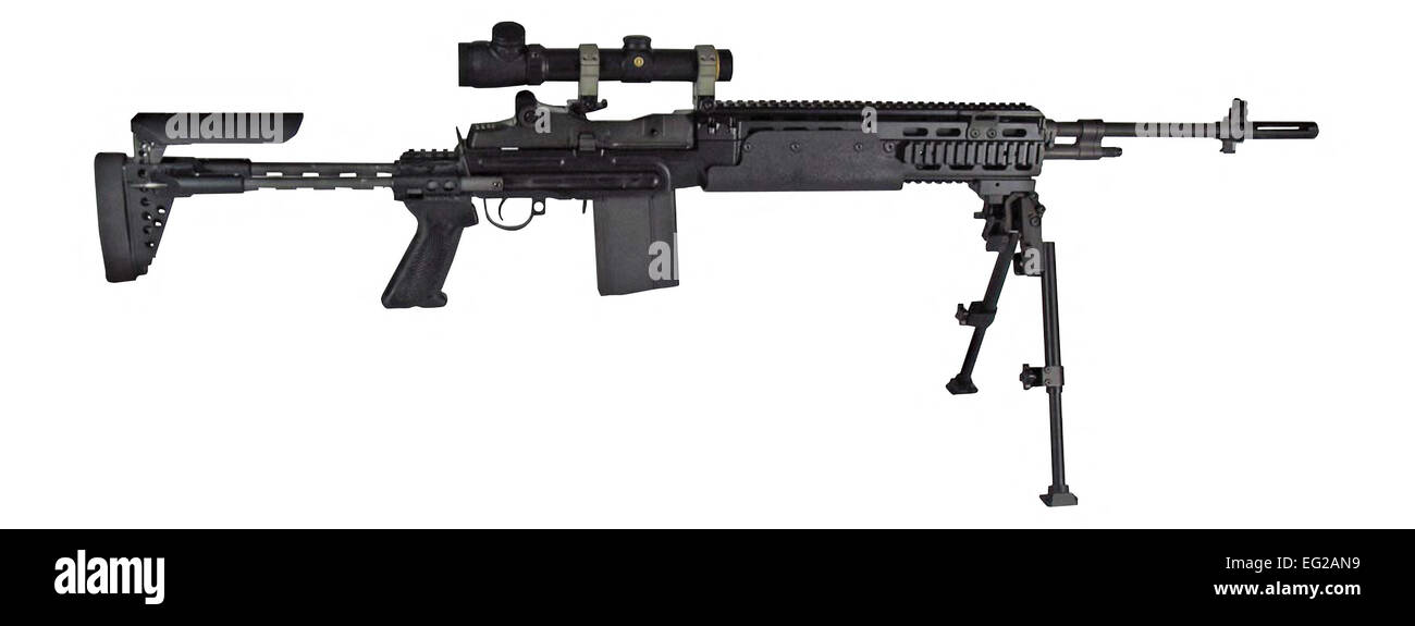 MK14, Mod 0 Enhanced Battle Rifle Primary function: Anti-personnel and light materiel targets. Length: Buttstock closed 34.9 in., Buttstock opened 40.9 in. Weight: 13.2 lbs. with 20-round magazine. Caliber: 7.62 mm NATO. Maximum effective range: Area target: 914 meters point target: 549 meters. Rate of fire auto: 750 rounds per minute approx. Stock Photo