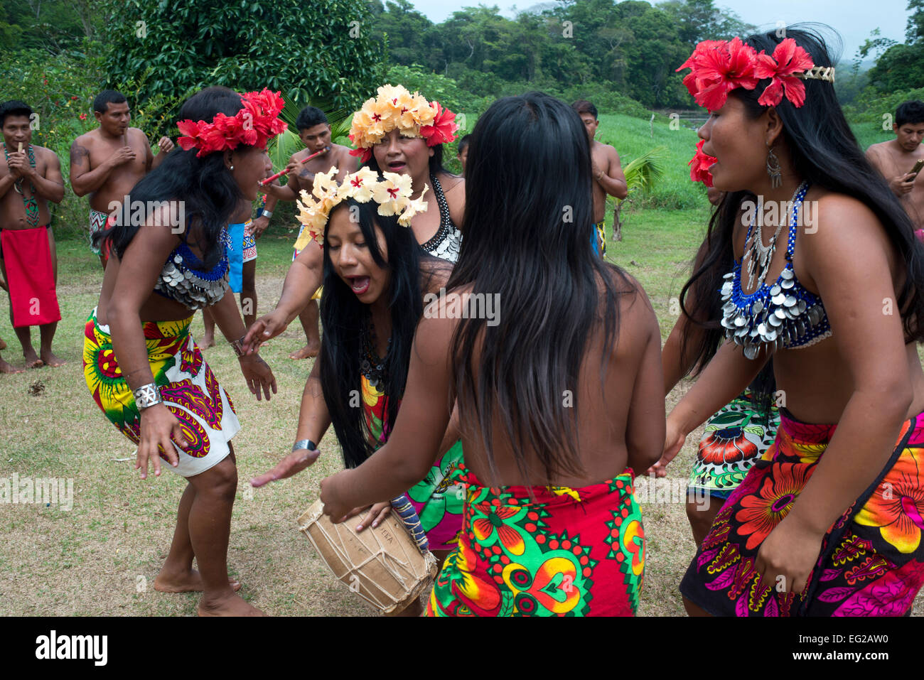 Music and dancing in the village of the Native Indian Embera Tribe, Embera Village, Panama. Panama Embera people Indian Village Stock Photo