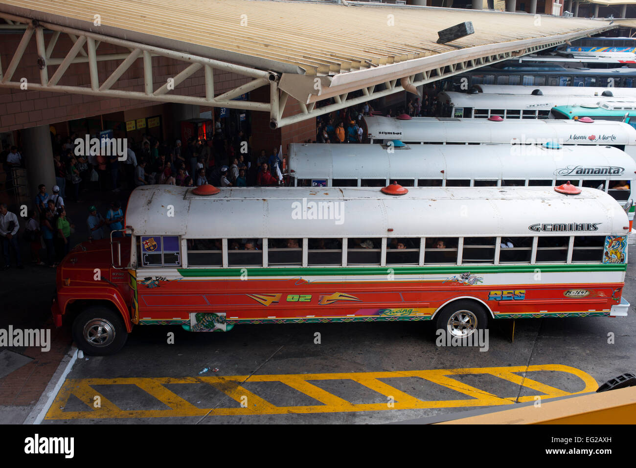 Albrok bus station terminal. Panama. Here comes the Diablo Rojo, the ...