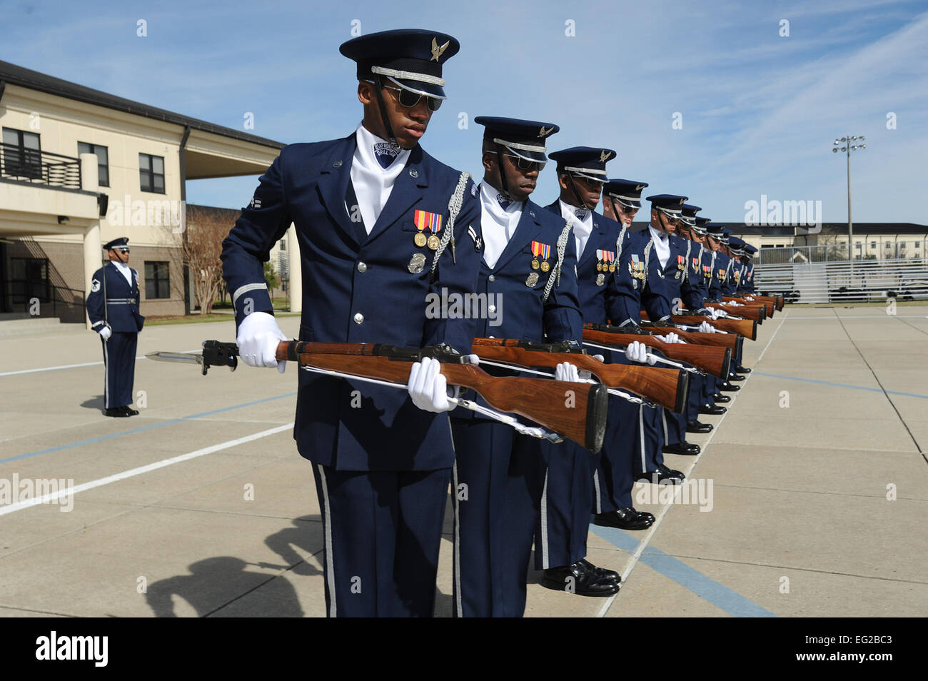 The United States Air Force Honor Guard Drill Team practices a new