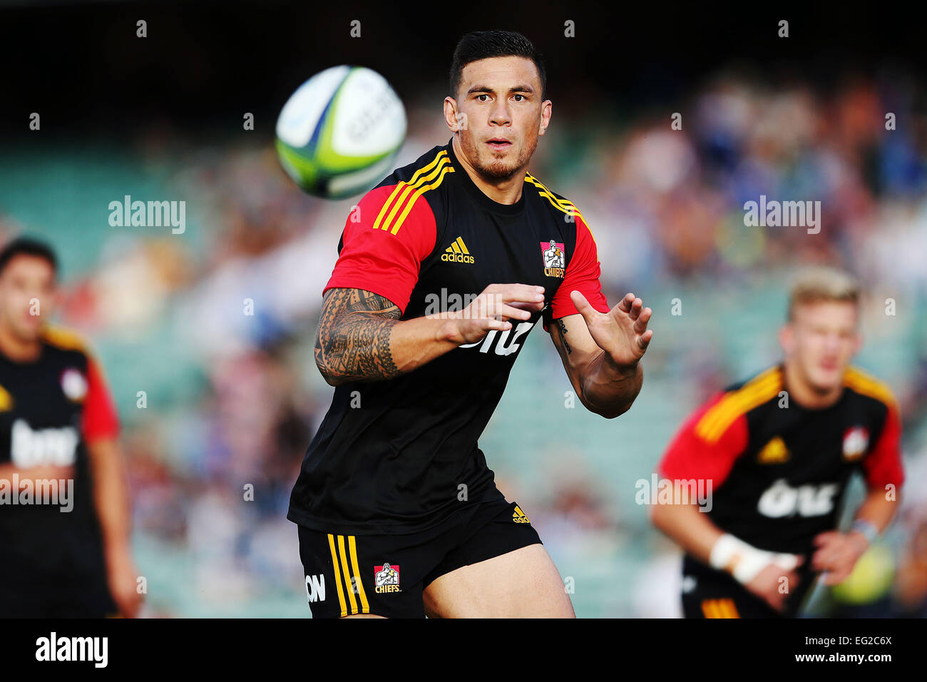 Auckland, New Zealand. 14th Feb, 2015. Sonny Bill Williams of the Chiefs during warm ups. Super Rugby match, Blues (Auckland) versus Chiefs (Hamilton) at QBE Stadium, Auckland, New Zealand. Saturday 14 February 2015. The Chiefs ran out winners by 18-23 in a close derby. © Action Plus Sports/Alamy Live News Stock Photo