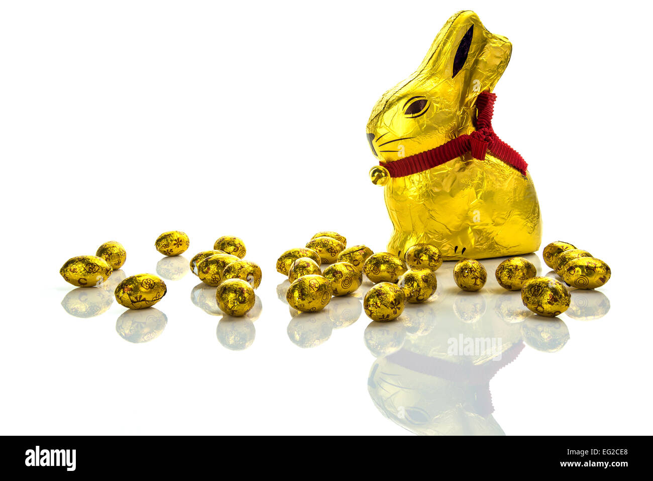 Easter eggs and Easter chocolate bunny on white background Stock Photo