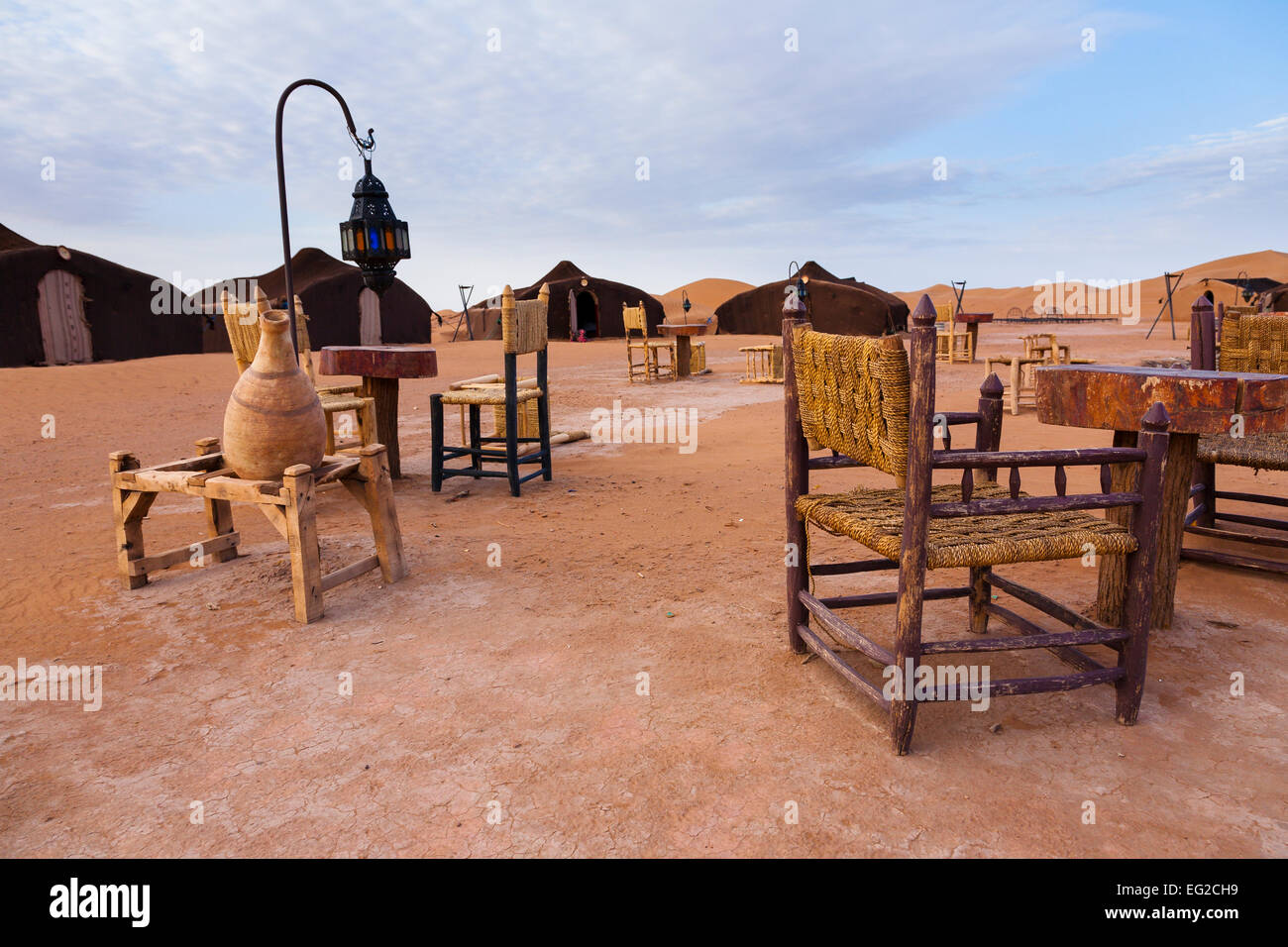 Empty camp in Erg Chigaga, Moroccan Sahara desert Stock Photo