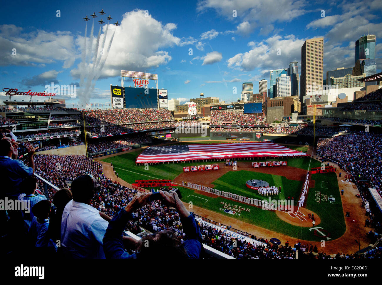 The Thunderbirds perform a flyover during the national anthem at the Major League Baseball’s All