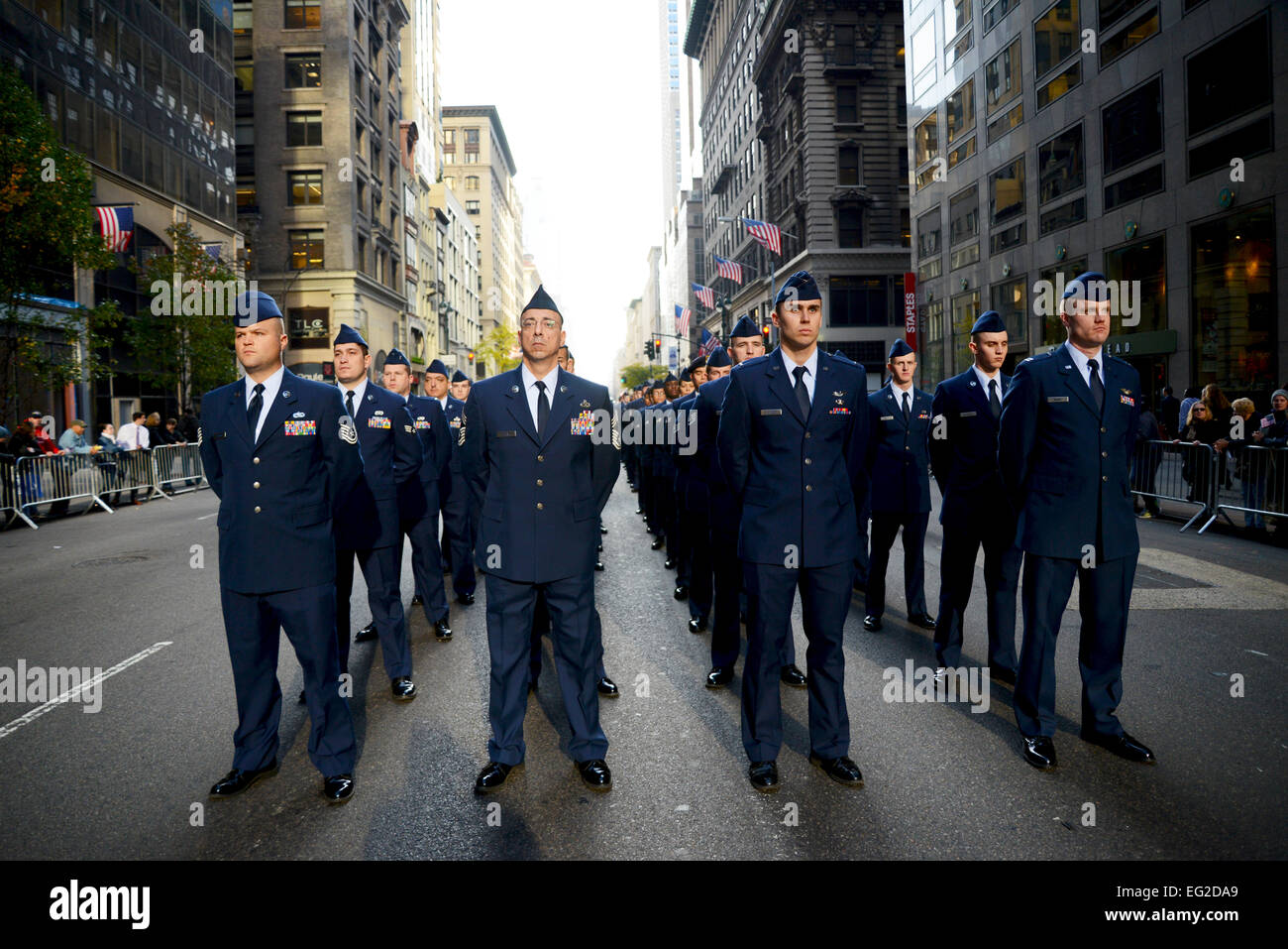 Airmen from Joint Base McGuire-Dix-Lakehurst, N.J., marched in a Veterans Day parade Nov. 11, 2014, in New York City, N.Y. The parade, organized in New York since 1929, has more than 25,000 participants and runs for approximately five hours.  Tech. Sgt. Carl Clegg Stock Photo