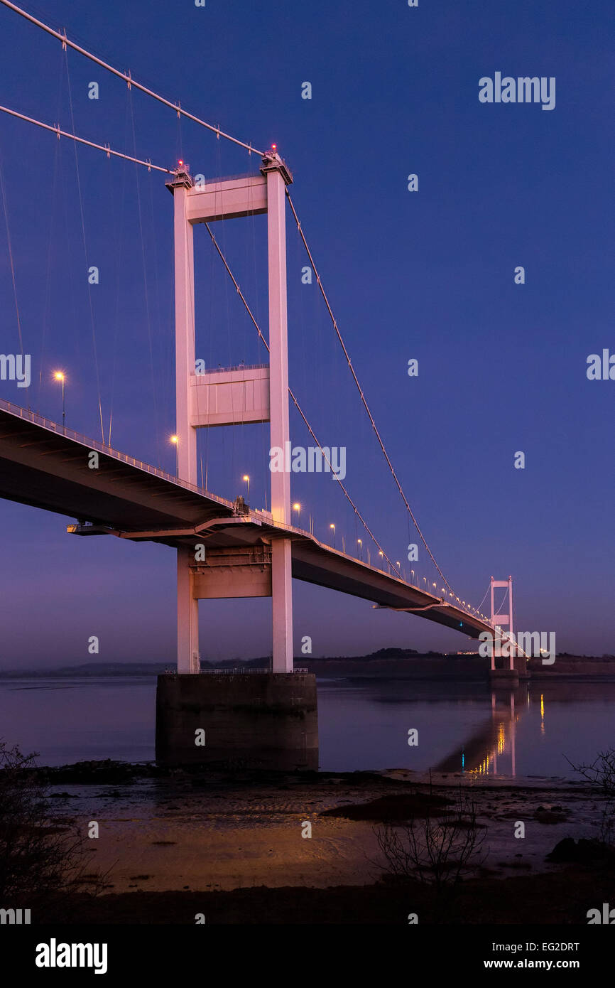 First Severn Bridge river crossing at dusk, Beachley Point, River
