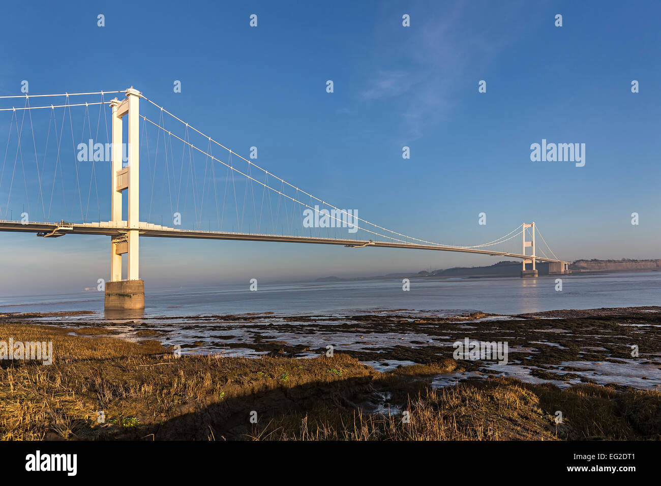 First Severn Bridge crossing at Beachley Point with Aust on the far bank, River Severn, Gloucestershire, England, UK Stock Photo