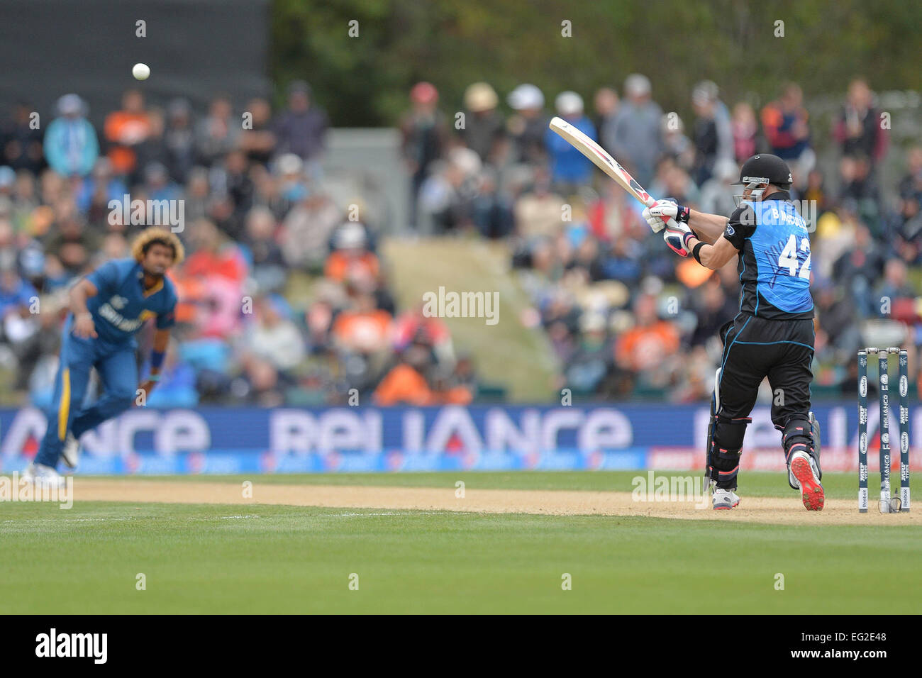 Christchurch, New Zealand. 14th Feb, 2015. Christchurch, New Zealand - February 14, 2015 - Brendon McCullum of New Zealand batting during the ICC Cricket World Cup Match between Sri Lanka and New Zealand at Hagley Oval on February 14, 2015 in Christchurch, New Zealand. © dpa/Alamy Live News Stock Photo