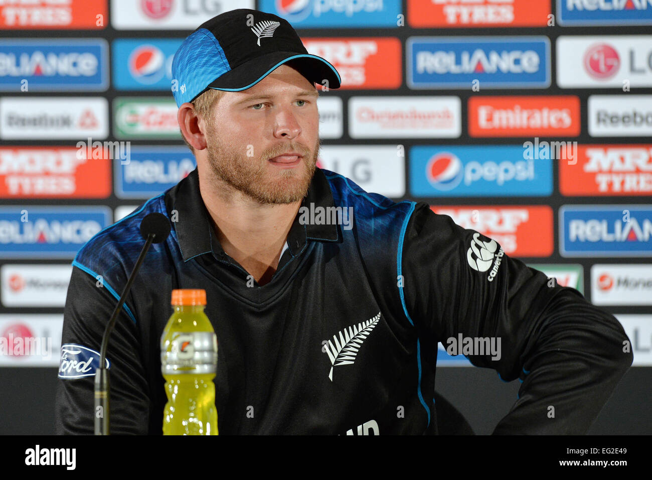 Christchurch, New Zealand. 14th Feb, 2015. Christchurch, New Zealand - February 14, 2015 - Corey Anderson of New Zealand during the press conference after the ICC Cricket World Cup Match between Sri Lanka and New Zealand at Hagley Oval on February 14, 2015 in Christchurch, New Zealand. © dpa/Alamy Live News Stock Photo
