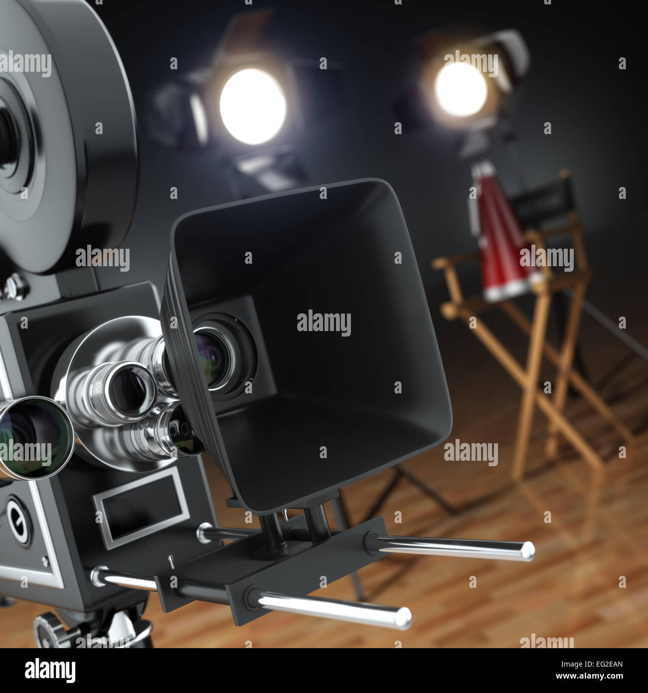 Video, movie, cinema concept. Retro camera, flash and director's chair in dark studio with dof effect. 3d Stock Photo