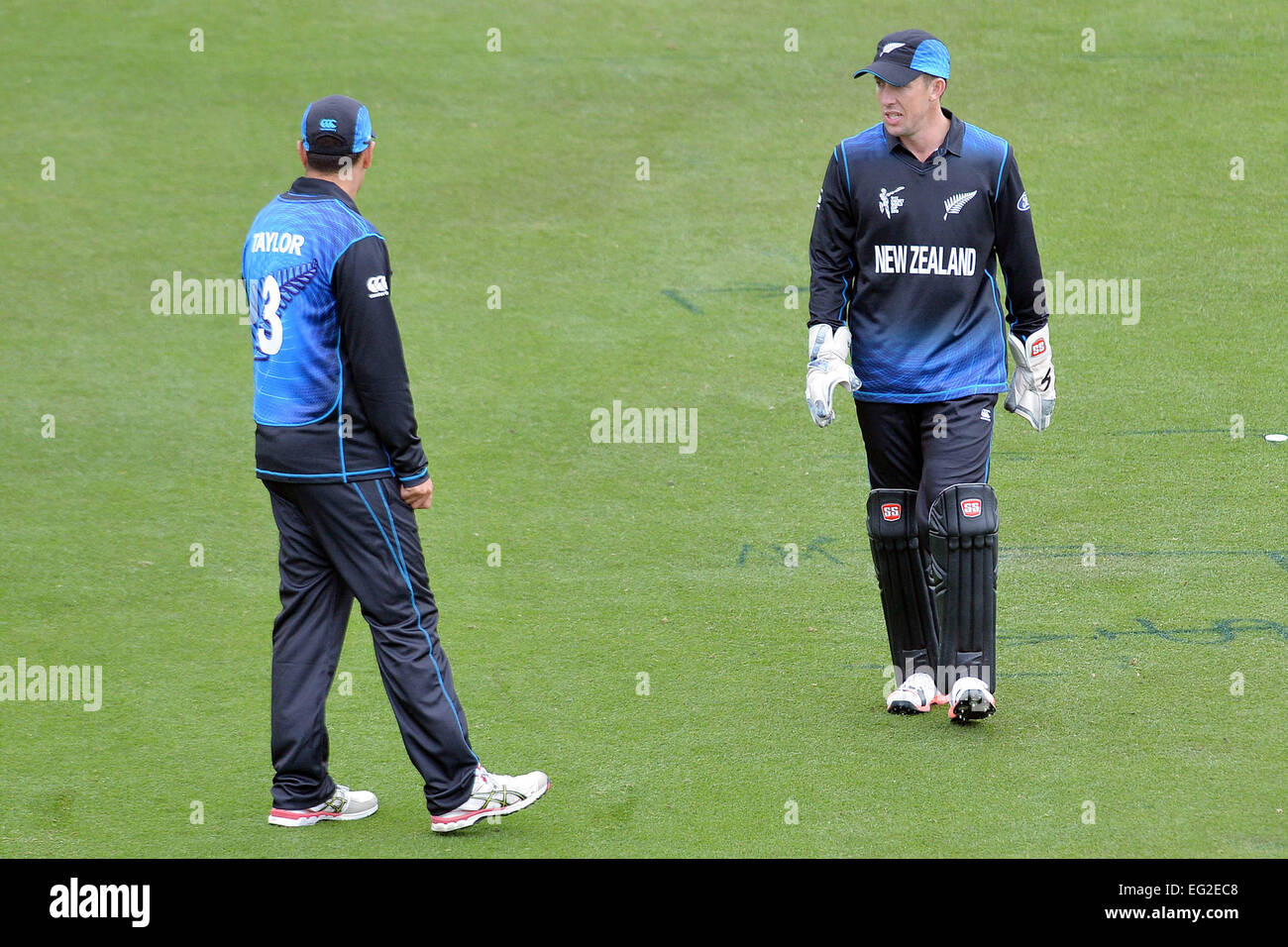 Christchurch, New Zealand. 14th Feb, 2015. Christchurch, New Zealand - February 14, 2015 - Ross Taylor and Luke Ronchi both of New Zealand (L-R) during the ICC Cricket World Cup Match between Sri Lanka and New Zealand at Hagley Oval on February 14, 2015 in Christchurch, New Zealand. © dpa/Alamy Live News Stock Photo