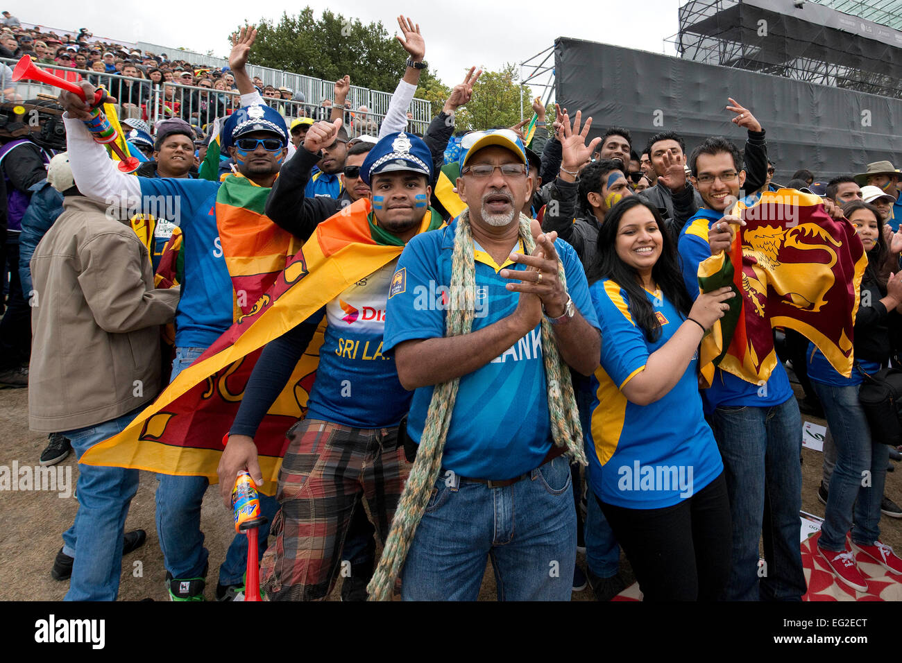 Christchurch, New Zealand, Feature. 14th Feb, 2015. Christchurch, New Zealand - February 14, 2015 - Fans of Sri Lanka celebrate during the ICC Cricket World Cup Match between Sri Lanka and New Zealand at Hagley Oval on February 14, 2015 in Christchurch, New Zealand, Feature. © dpa/Alamy Live News Stock Photo
