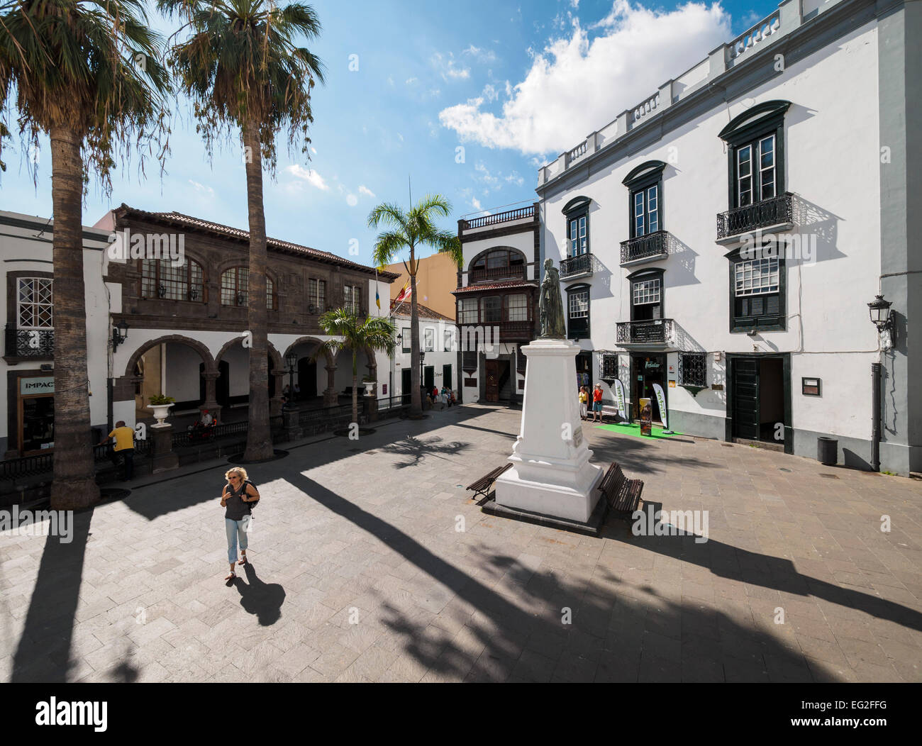 Plaza Espana with the town hall (left side), the central square of the capital Santa Cruz on the Canary Island of La Palma. Stock Photo
