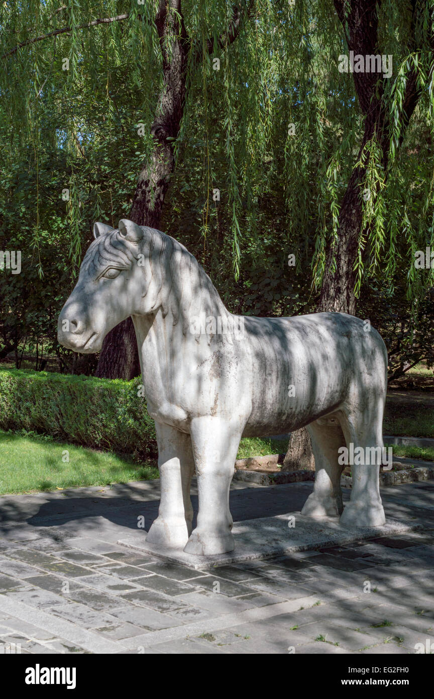 Horse statue on the Sacred Way of the Ming Tombs, Changling, Beijing, China. UNESCO World Heritage Site Stock Photo