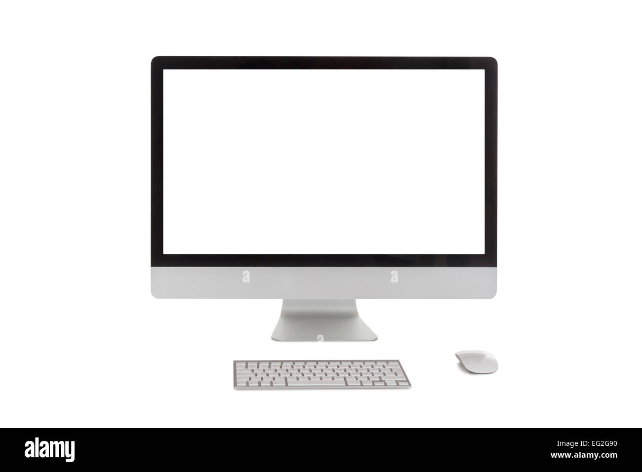 modern computer with blank white screen, keyboard and mouse isolated on