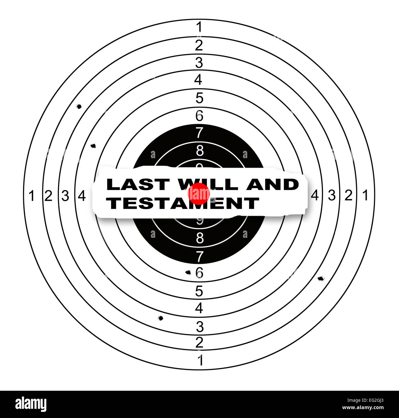 Shooting target, with holes pierced by bullets and word last will and