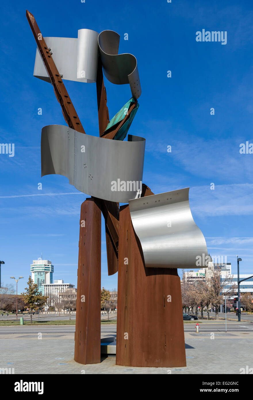 Sculpture on Main Street looking towards downtown Wichita, Kansas, USA