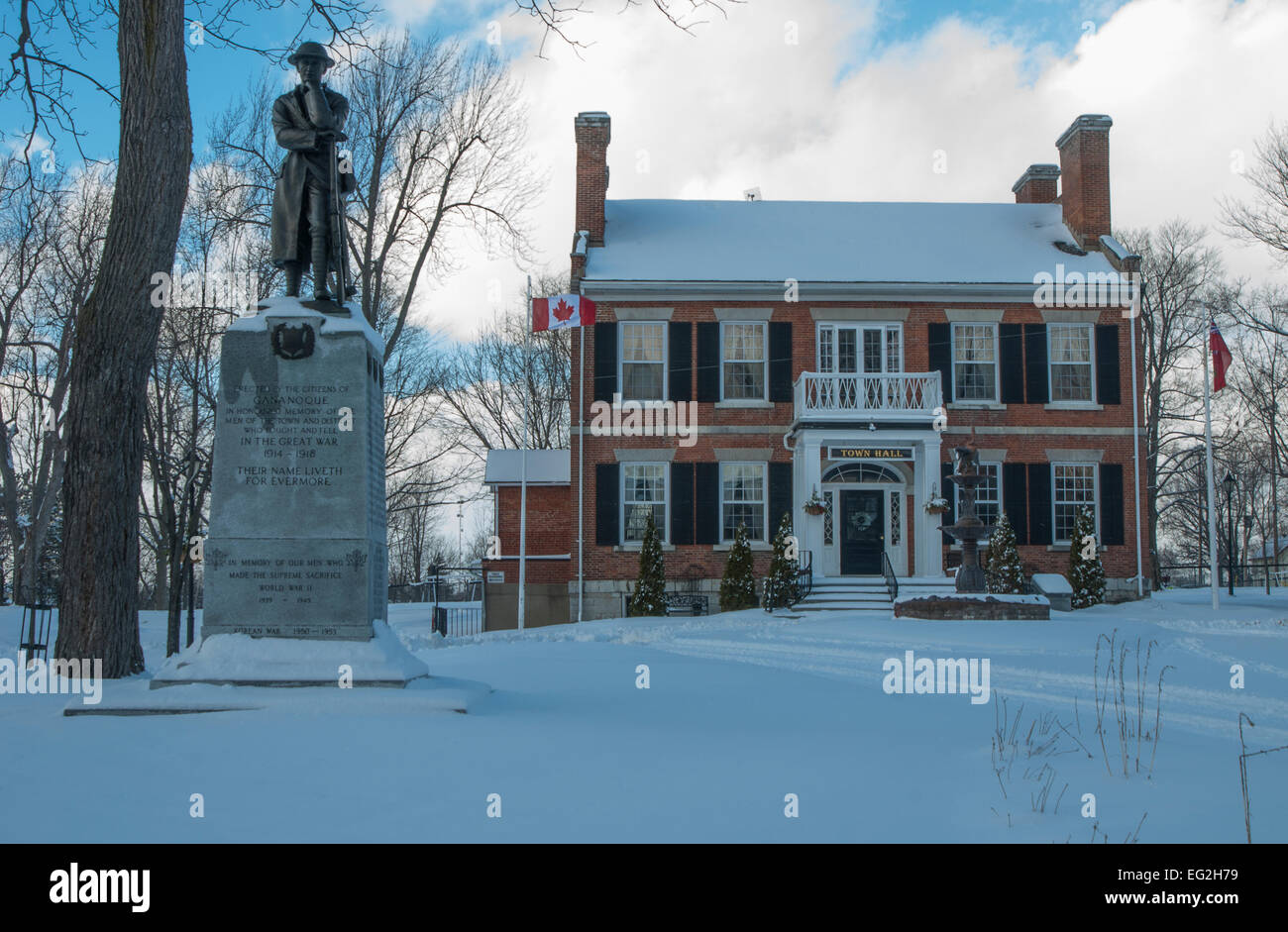 Town Hall and monument in small Ontario, Canada town of Gananoque Stock Photo