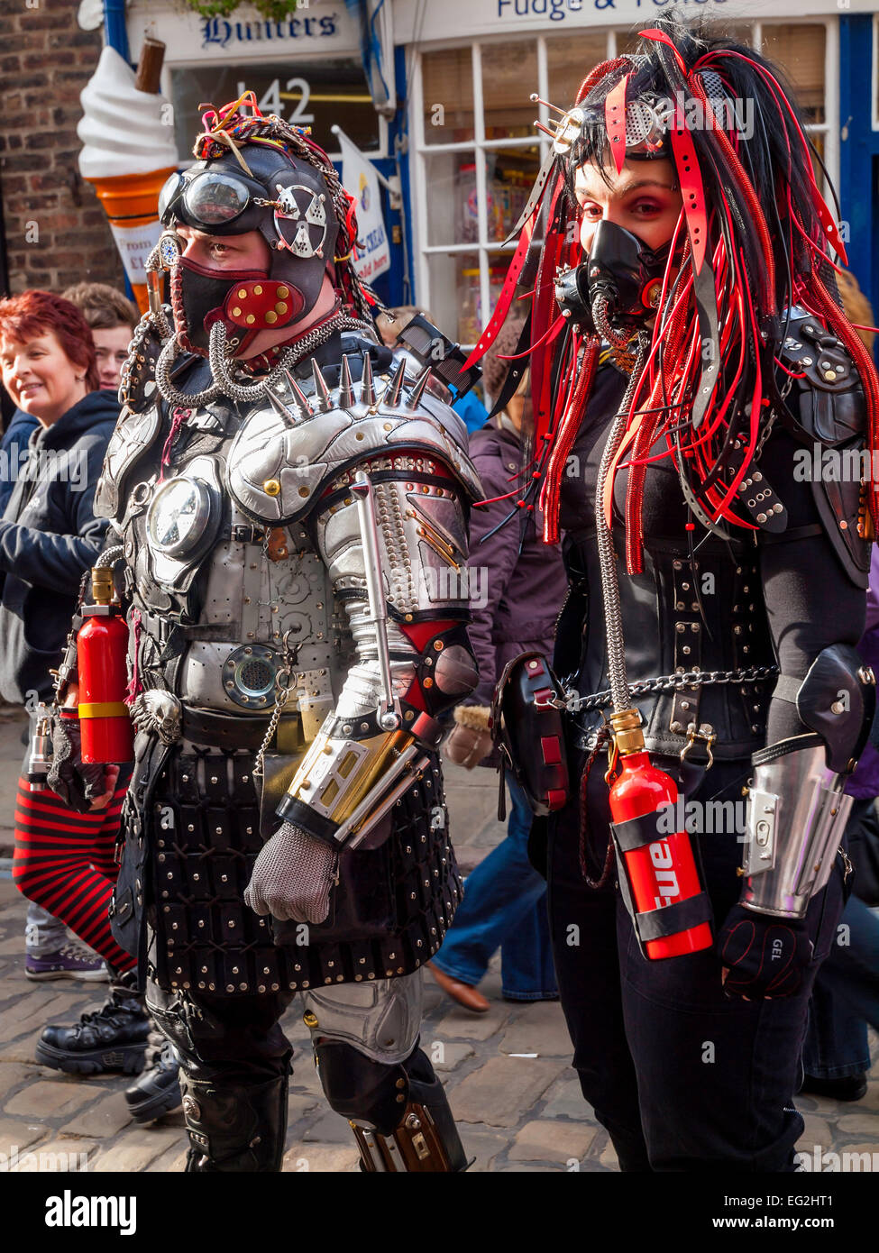 Two young people dressed in very elaborate costumes calling themselves Cybergoths at the Whitby Goth Week End Stock Photo