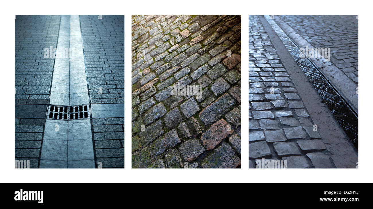 Collage of cobblestone streets and gutters in the city Stock Photo - Alamy