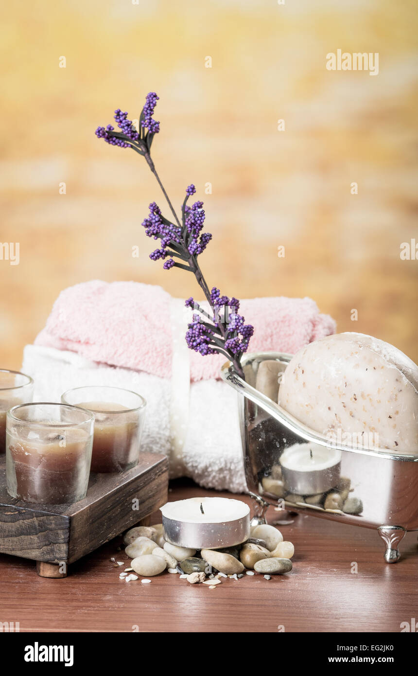 oils candles soaps stones flower spa concept Stock Photo Alamy