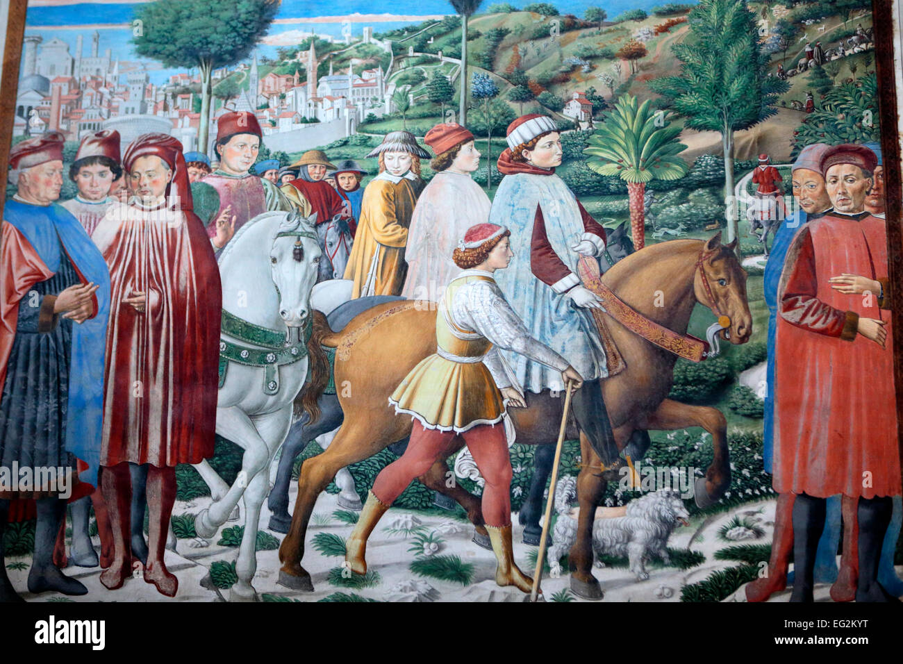 Saint Augustine departing for Milan, fresco by Benozzo Gozzoli, Church of St. Augustine, San Gimignano, Tuscany, Italy Stock Photo