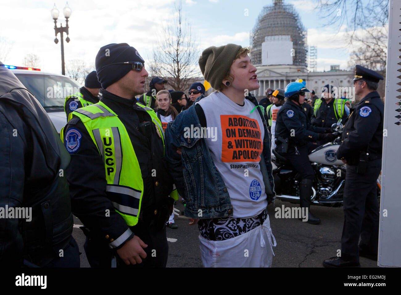 Pro-Choice activist arrested for civil disobedience during Pro-Life march - January 22, 2015, Washington, DC USA Stock Photo