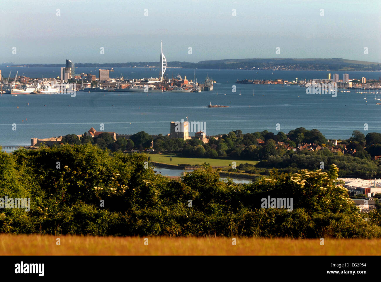 View from Portsdown Hill overlooking Portchester Castle and Portsmouth Harbour Stock Photo