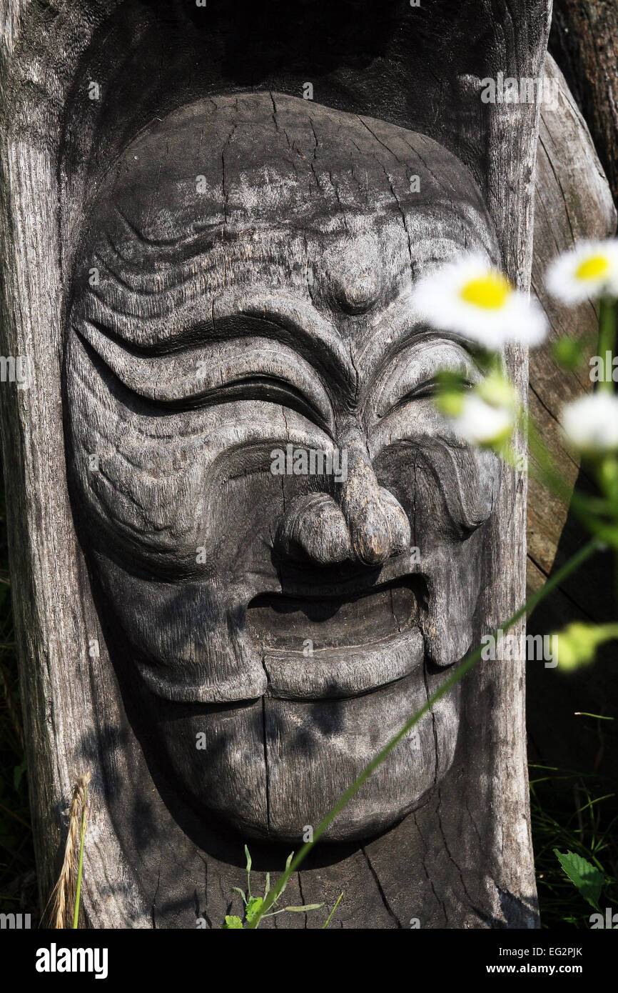 A wooden mask at Hahoe Village, near the city of Andong in Gyeongsangbuk-do Stock Photo