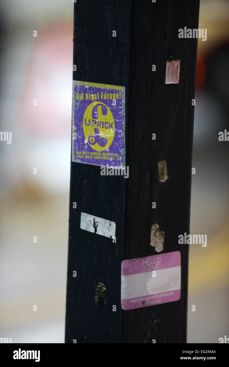 An anti-UKIP and Nigel Farage sticker pictured stuck onto a post in Brighton, East Sussex, UK. Stock Photo