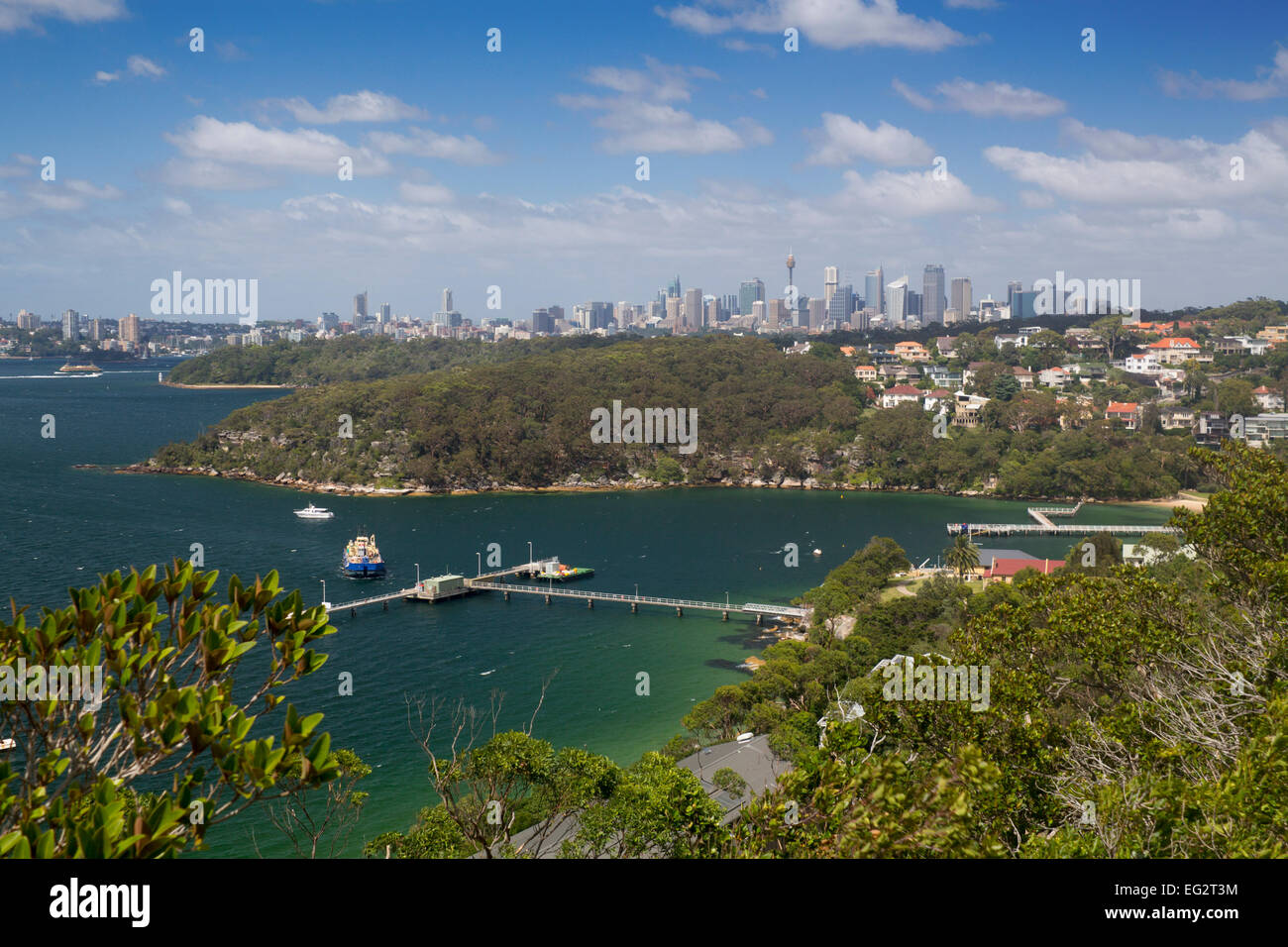 View from George's Head Lookout over Middle Harbour to Chowder Bay and skyline of CBD city Sydney New South Wales NSW Australia Stock Photo