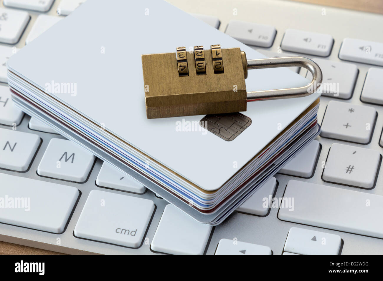 Batch of Credit or debit Cards with a combination lock on a modern