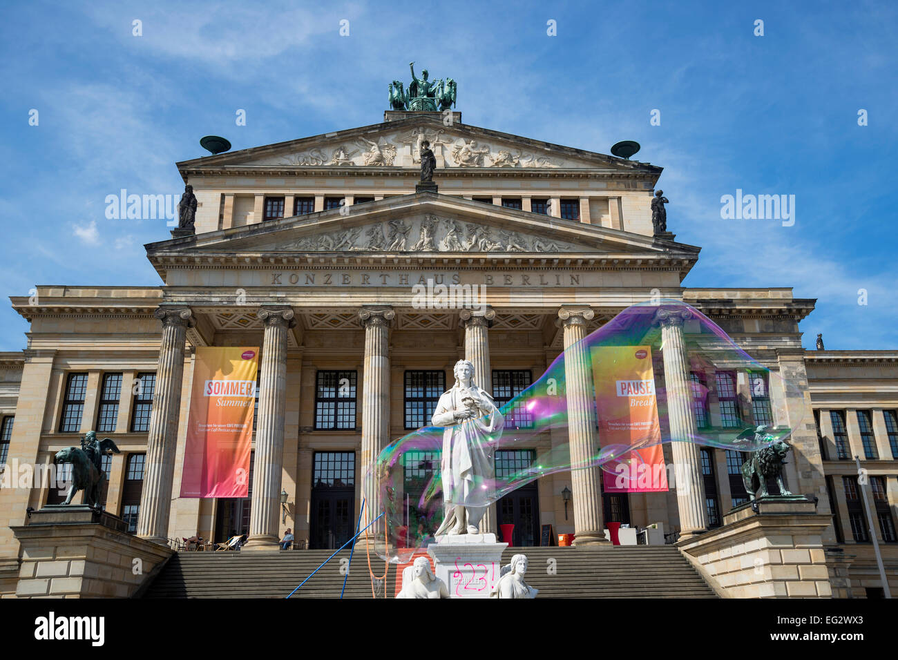 Friedrich Schiller Sculpture and Concert Hall on Gendarmenmarkt Square in Berlin, Capital of Germany, Europe. Stock Photo