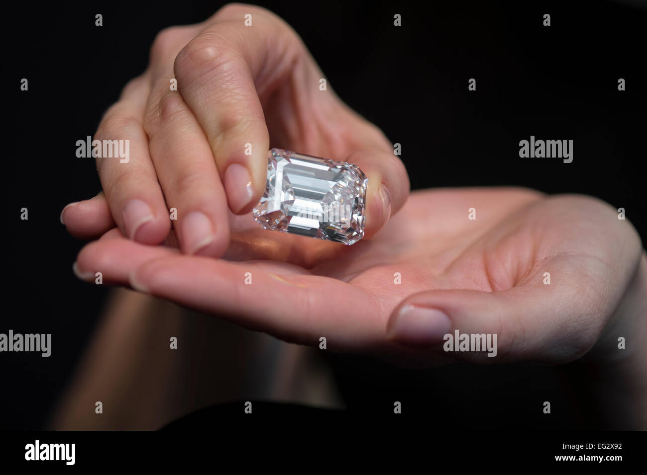 Sotheby's unveils a 100-carat perfect diamond in a classic Emerald-cut, and  internally flawless, at Sotheby's, London, UK on 13th February 2015. Due to  be auctioned at Sotheby's Magnificent Jewels Auction in New