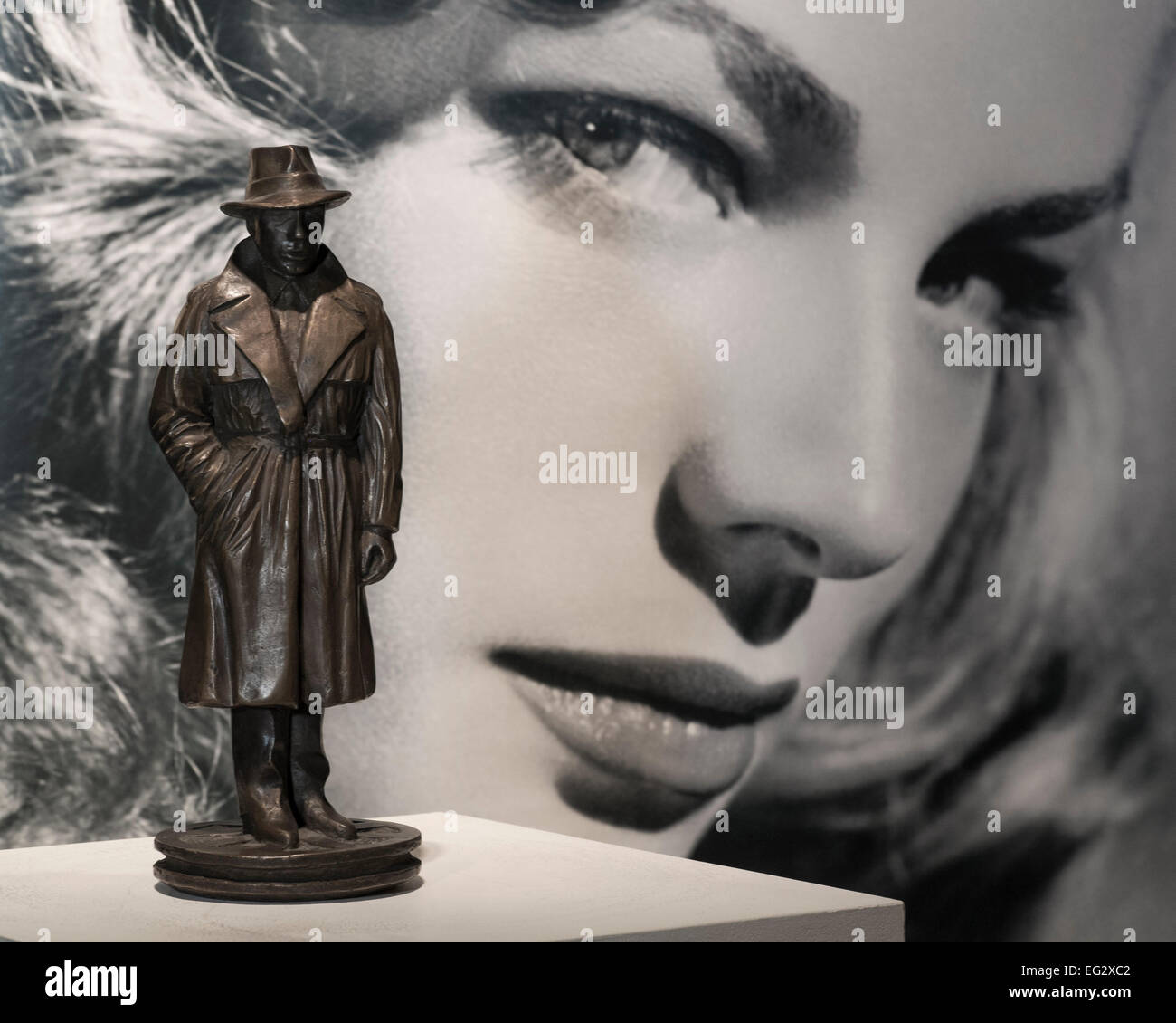 A german patinated bronze figure of Humphrey Bogart as Sam Spade cast by  the Otto Strehle Foundry, second half 20th Century, est £390-520, at a  preview of the auction highlights from the