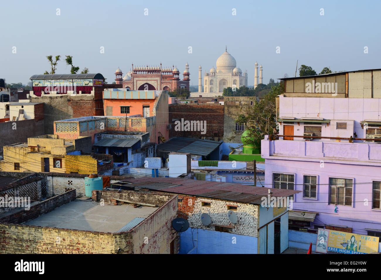 Taj Mahal Street View Taj Mahal On The Background View Of Street Buildings Of Agra City India  Stock Photo - Alamy