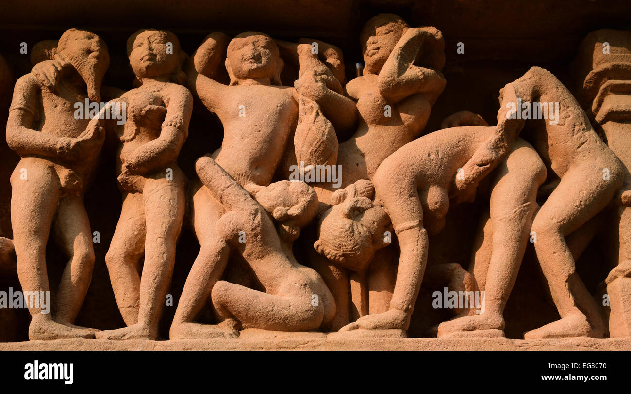 Historic Kama Sutra Sculptures of Khajuraho Temple India UNESCO world Heritage Site Khajuraho India Stock Photo