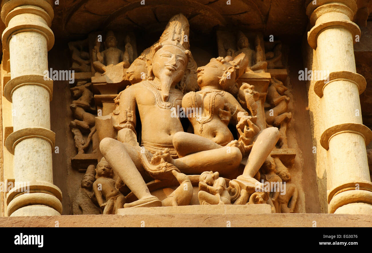 Khajuraho Temple India Sculpture expressing Romance Sensuality and Love Stock Photo