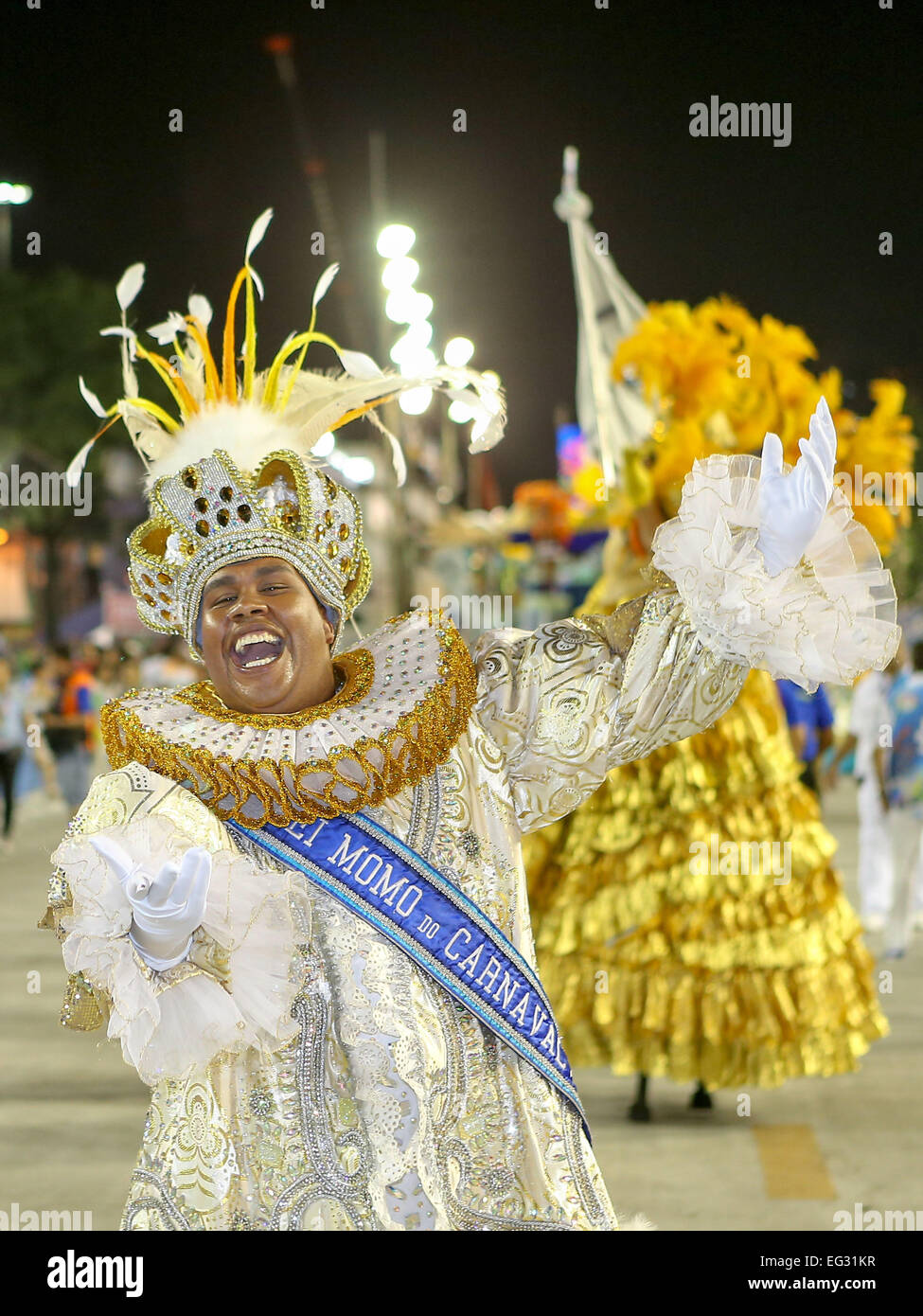 Rio De Janeiro, Brazil. 14th Feb, 2015. King Momo Wilson Neto participates in the annual Carnival parade at the Sambadrome in Rio de Janeiro, Brazil, Feb. 14, 2015. Credit:  Xu Zijian/Xinhua/Alamy Live News Stock Photo