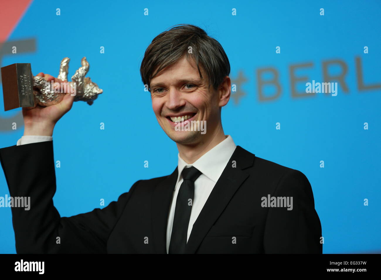 Berlin, Germany. 14th Feb, 2015. Sturla Brandth Grøvlen with a Silver Bear in hand at the press conference at the Hyatt Hotel. Credit:  Simone Kuhlmey/Pacific Press/Alamy Live News Stock Photo