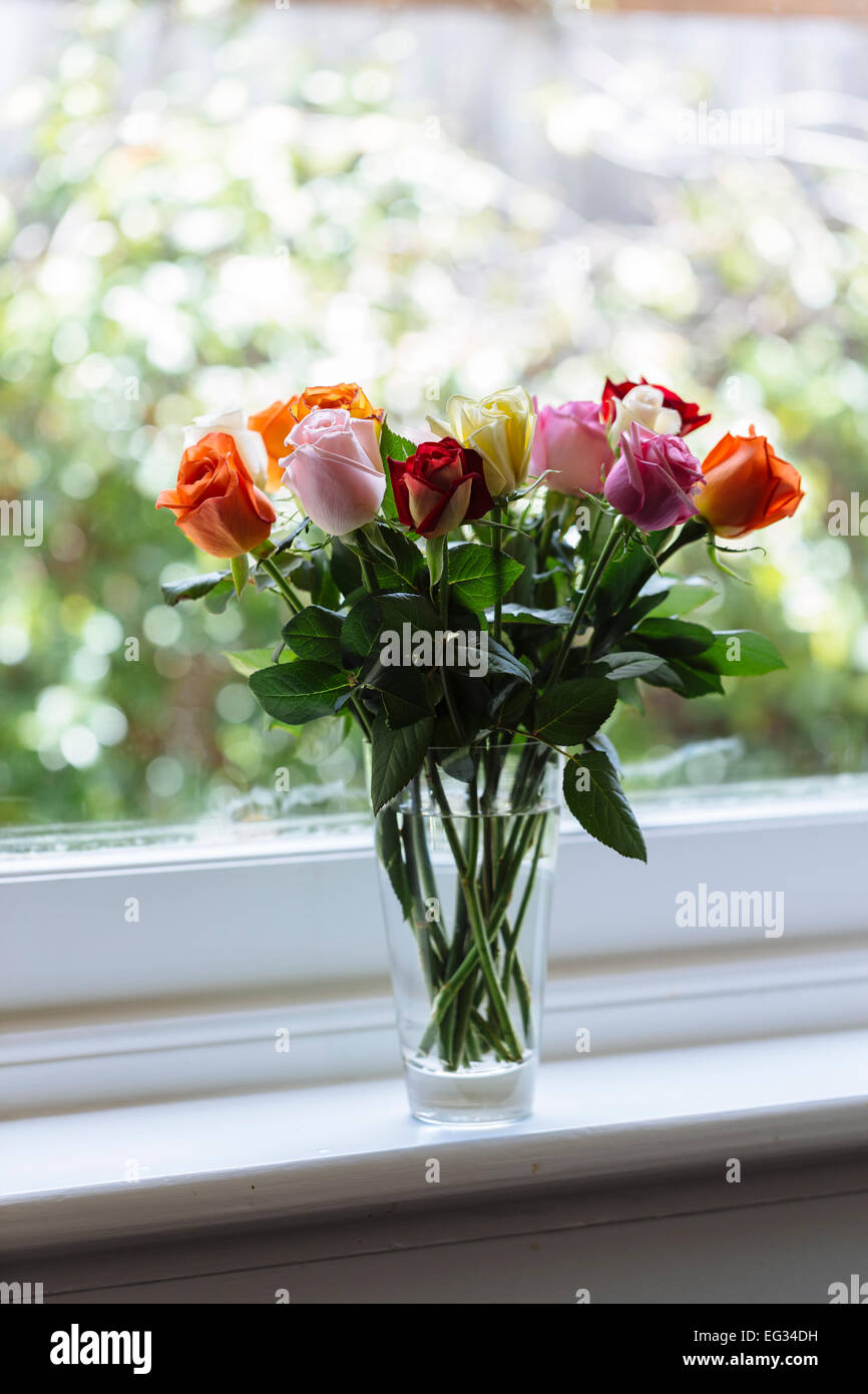 Bouquet of mixed colourful roses sitting on window sill Stock Photo - Alamy
