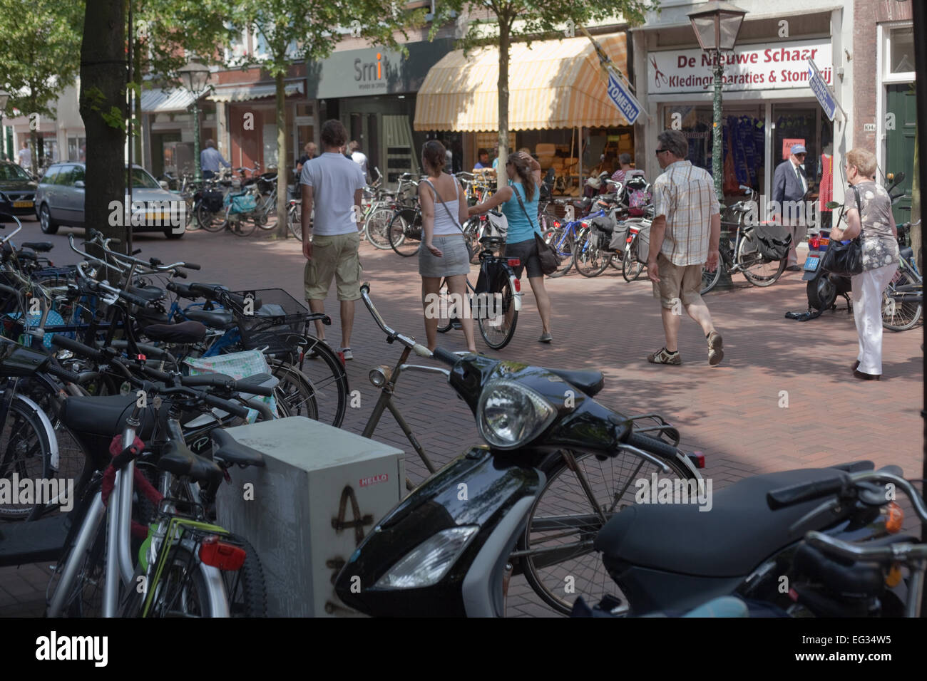 Leiden. Dutch Province of South Holland, The Netherlands. High street shopping area. Note bicycle parking, no need secucurity. Stock Photo