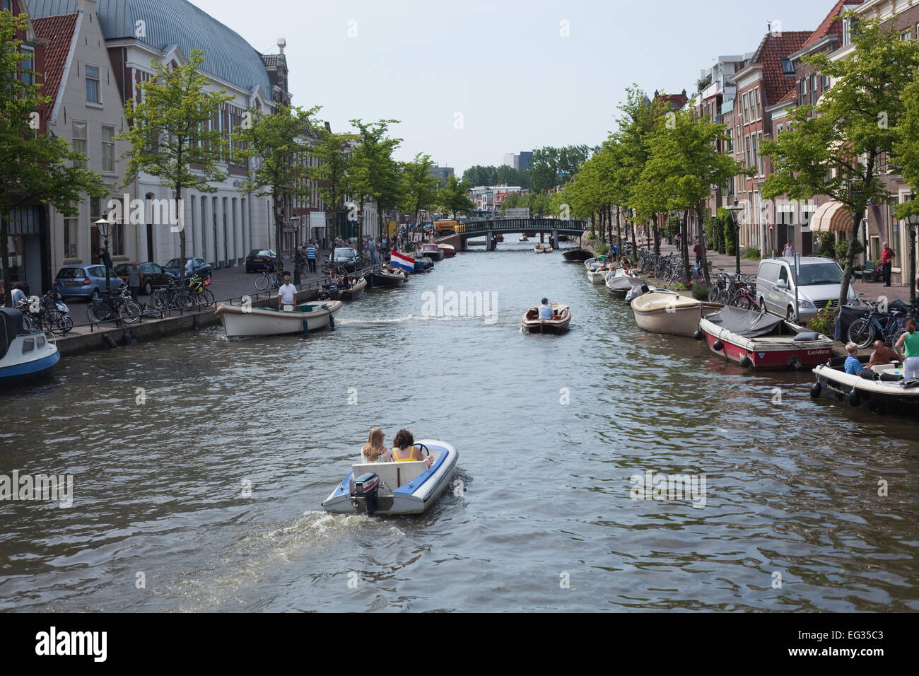 Leiden. Dutch Province of South Holland, The Netherlands. Confluence of Oude and Nieuwe (Old and New Rhine). Central area city Stock Photo