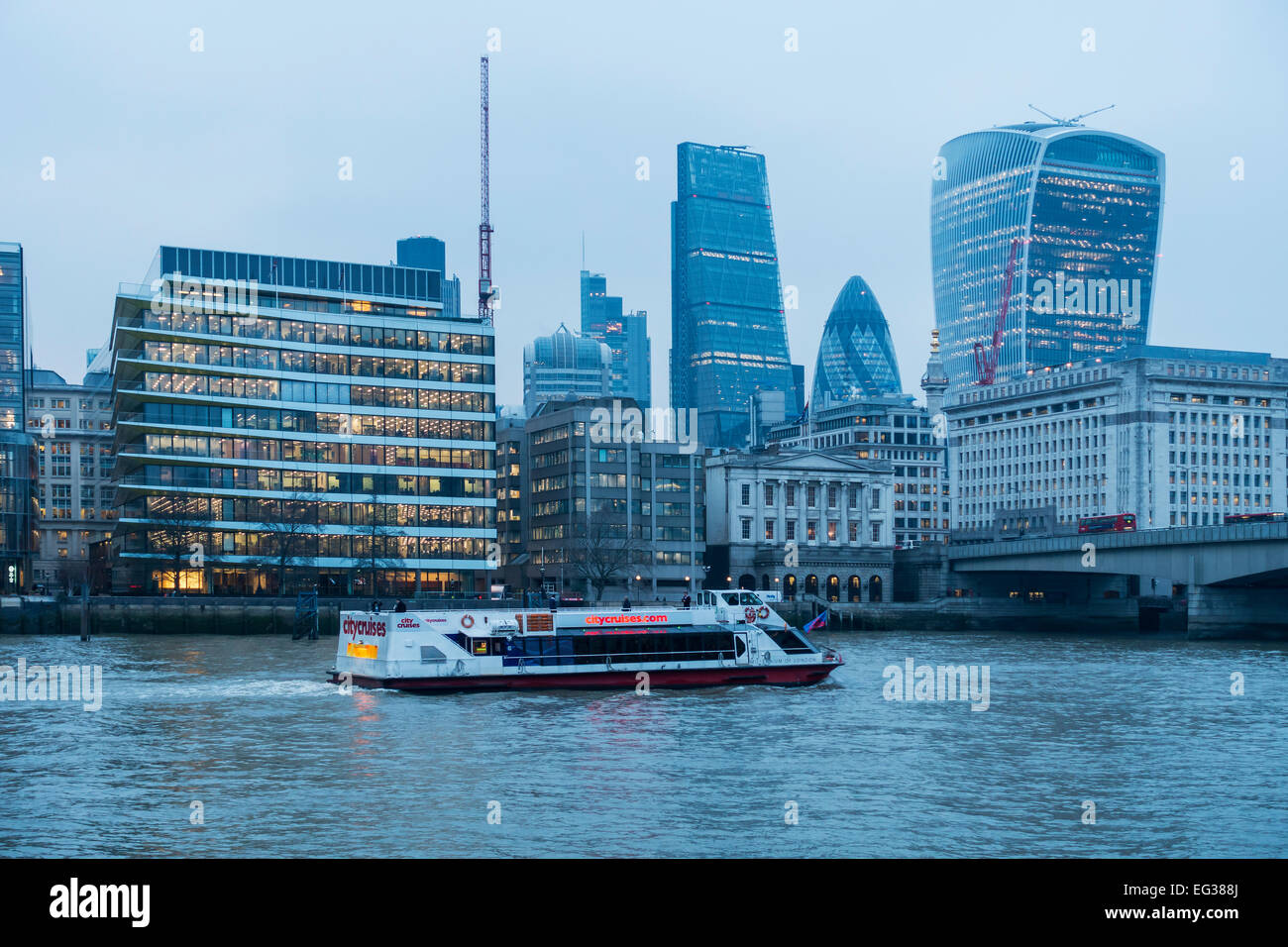 The City in the background.  Winter Boat Cruise on the Thames Stock Photo