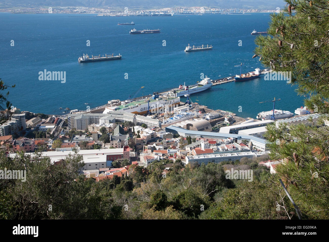View over docks and shipyard warehouses in Gibraltar, British territory in southern Europe Stock Photo