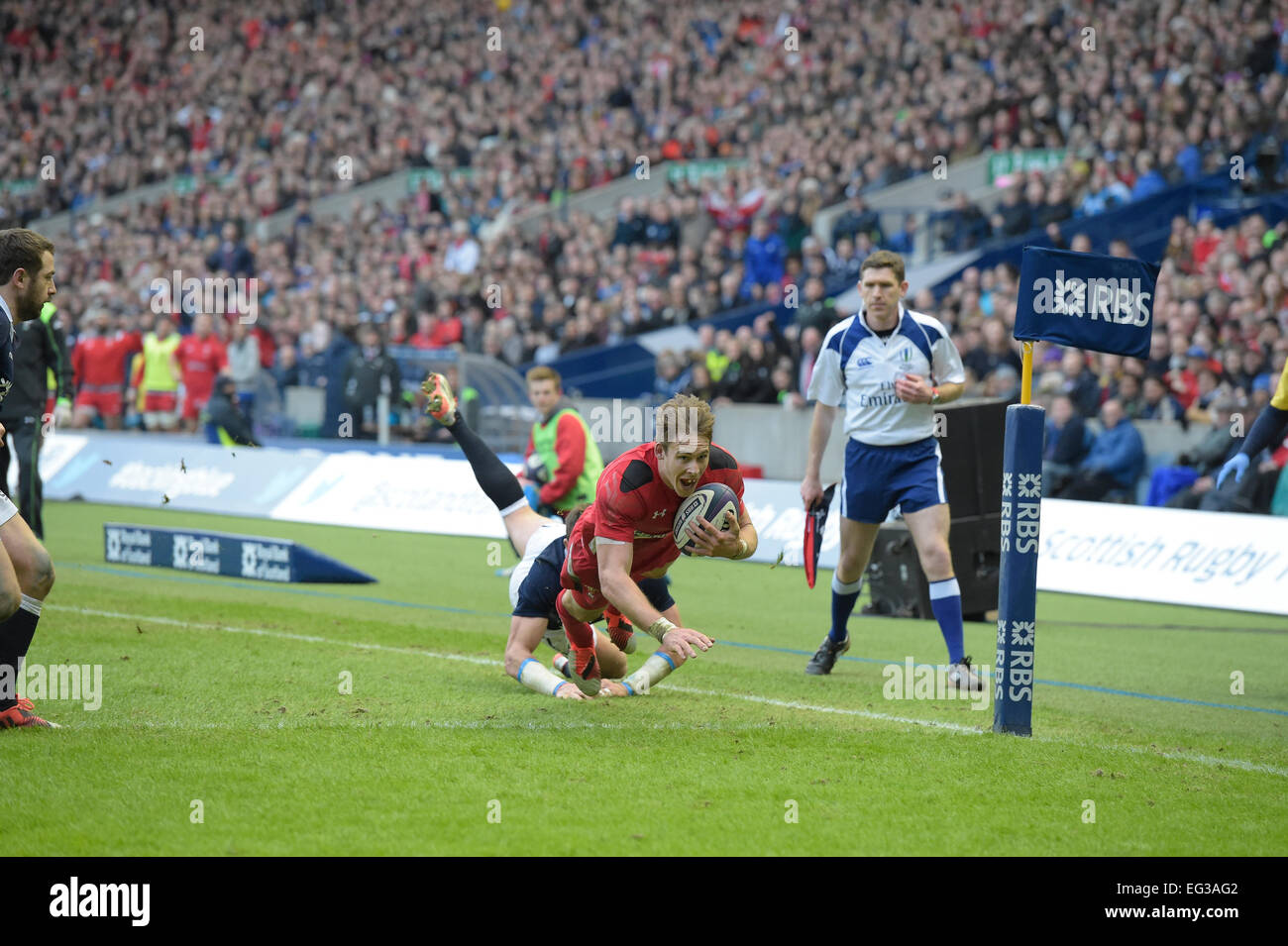 Murrayfield Stadium, Edinburgh, UK, 15th Feb, 2015. RBS 6 Nations 2015 Round 2, Scotland vs Wales Liam Williams ( Wales ) going over for a try that was overturn after a TMO review of a previous tackle leading to him scoring Credit:  Rob Gray/Alamy Live News Stock Photo
