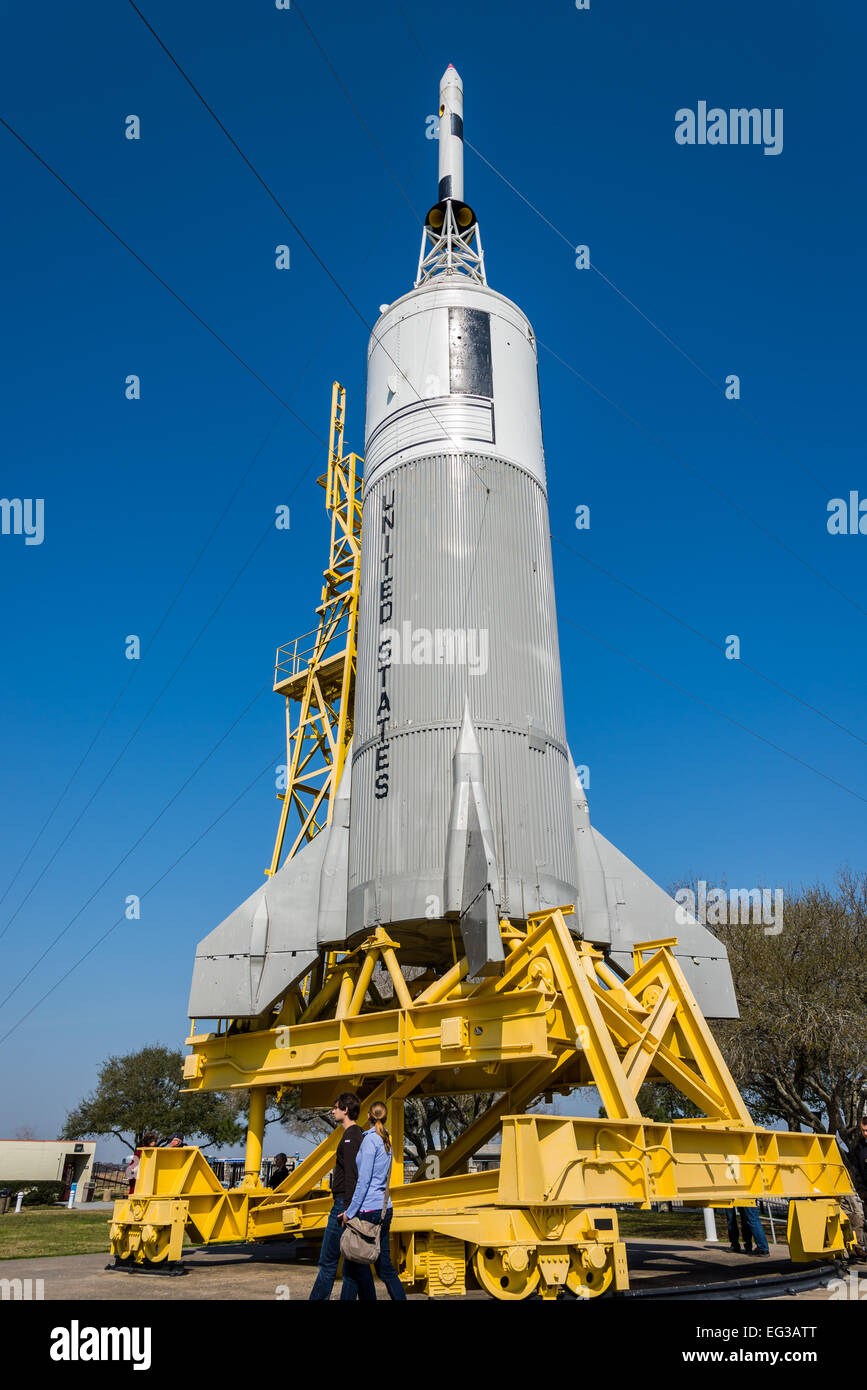A giant model rocket on a transporter at the Rocket Park, NASA Johnson