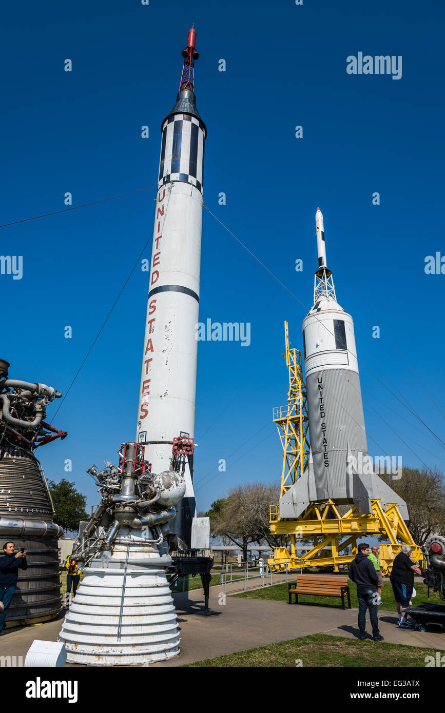 Visitors at the Rocket Park, NASA Johnson Space Center, Houston, Texas, USA. Stock Photo